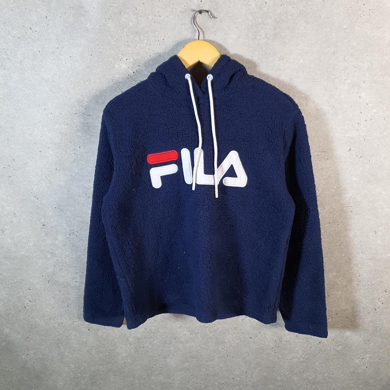 Vintage Fila Pullover Fleece Hoodie Womens Medium Navy Blue Teddy Logo