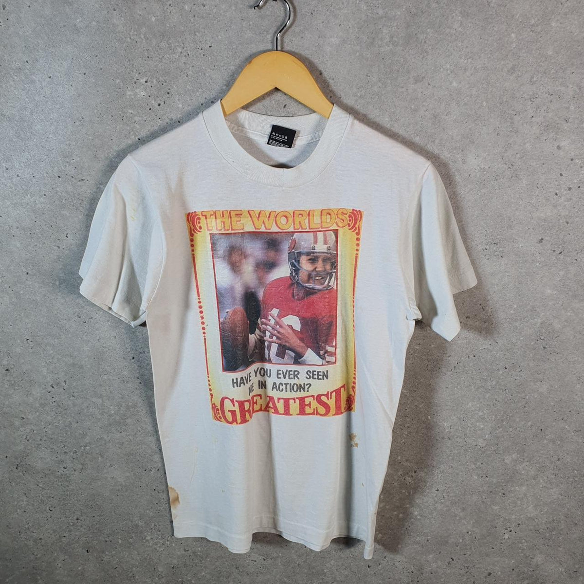 Vintage Screen Stars Words Greatest Joe Montana NFL USA Single Stitch T Shirt Men’s Medium White C9454