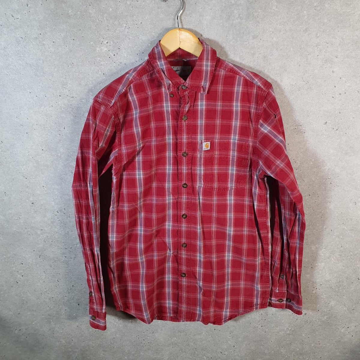 Vintage Carhartt Shirt Button Down Mens Small Red Checkered Chore Utility Relaxed - Big Fish Vintage