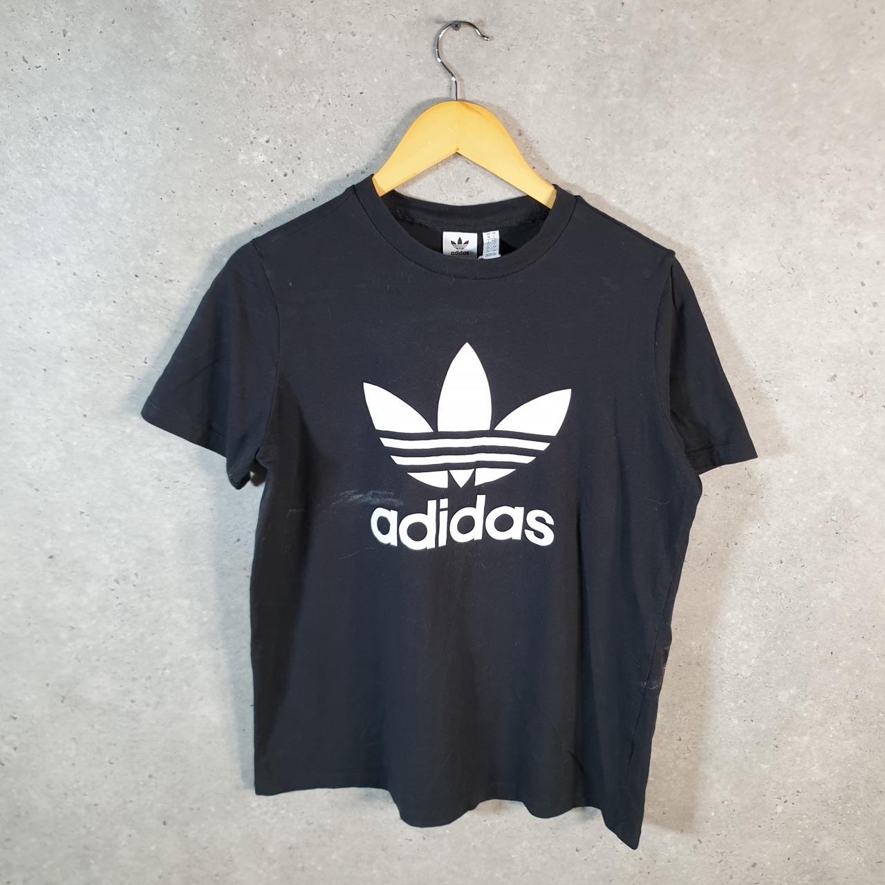 Vintage Adidas Spellout Trefoil Retro T Shirt Womens Large Black Logo Athletic