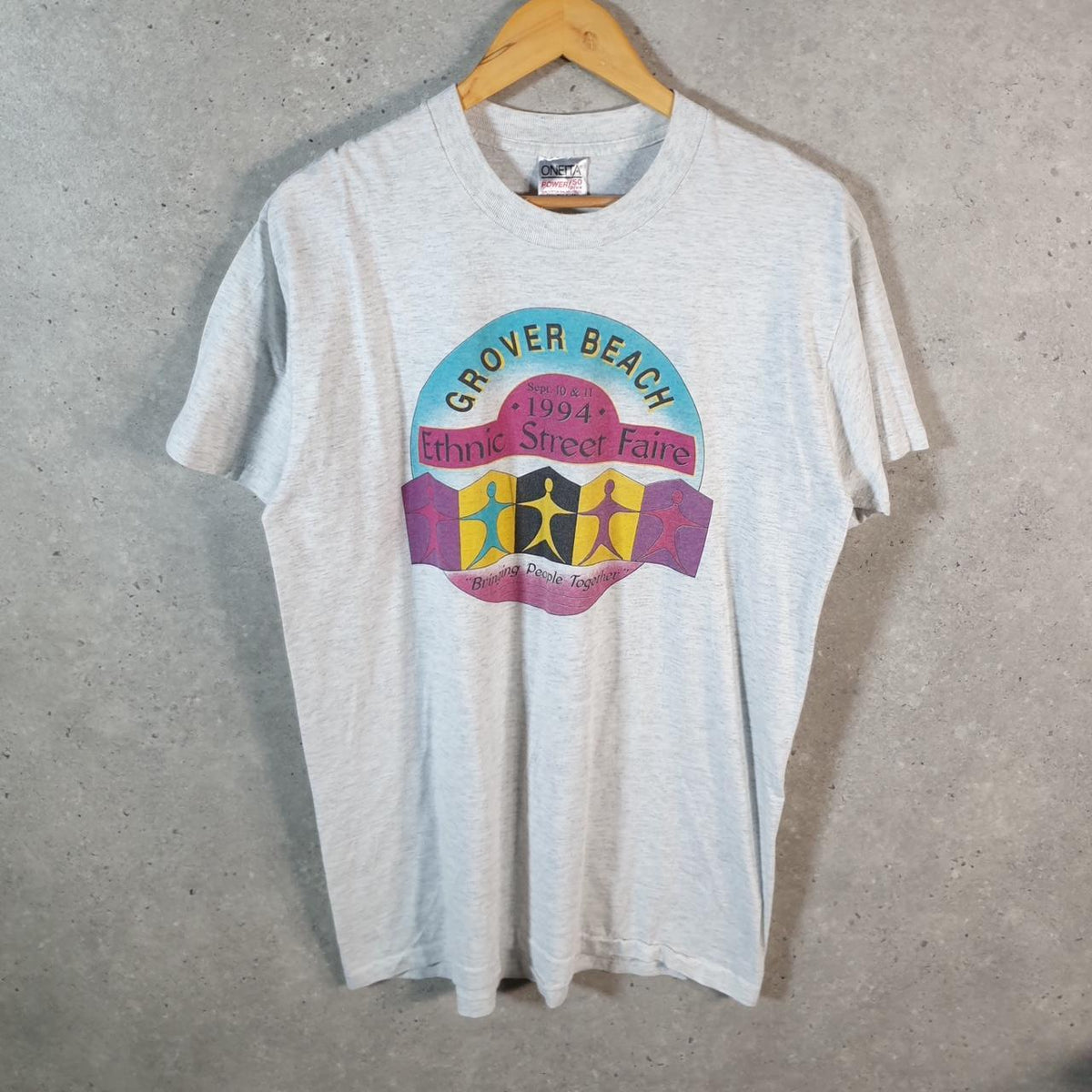 Vintage Oneita Power Grover Beach 1994 USA Single Stitch T Shirt Men’s Large grey C8113