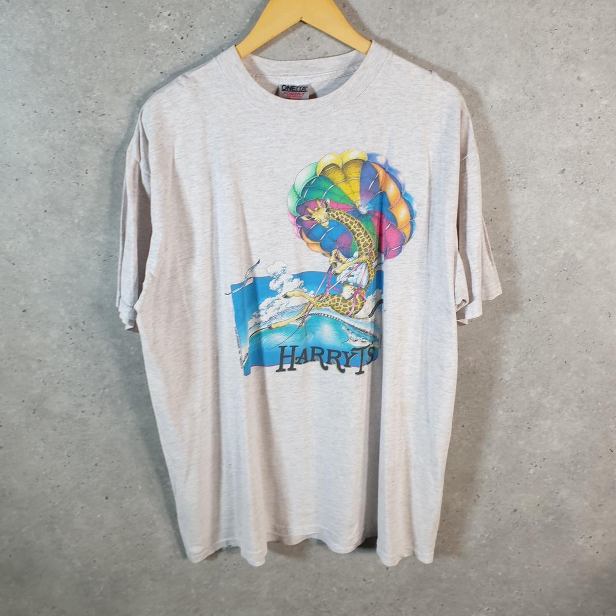 Vintage Oneita Power Harry Ts Destin Florida 90s USA Single Stitch T Shirt Men’s XL Grey C8811