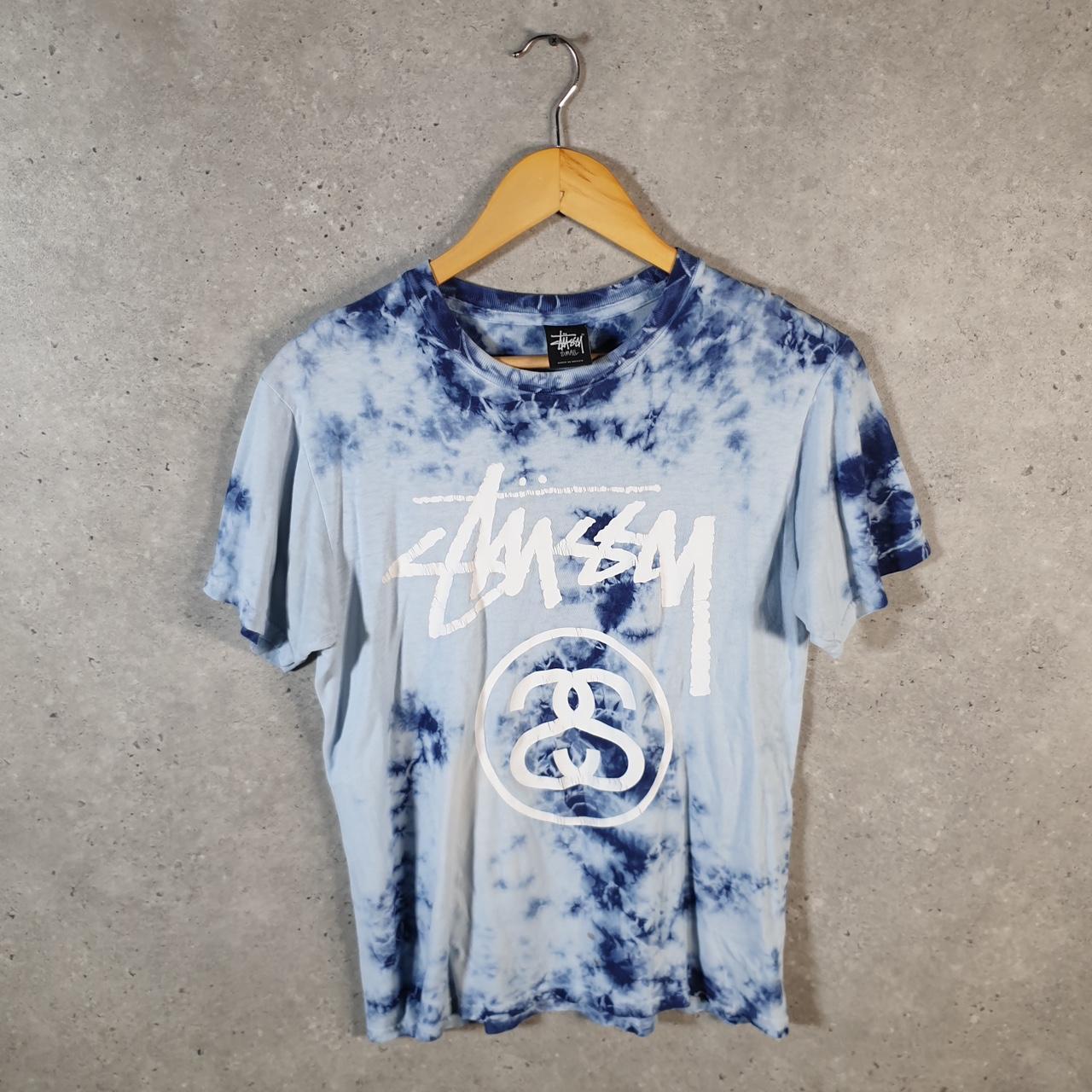 Vintage Stussy Spellout Tie Dye Printed T Shirt Men’s Small Blue Graphic Short Sleeve Big Fish Vintage