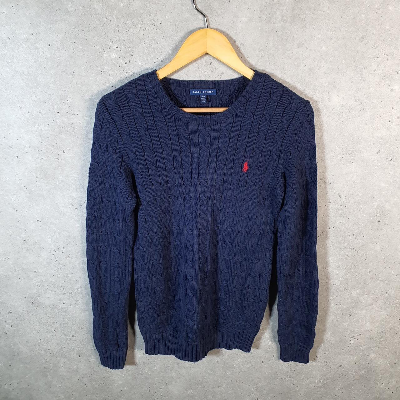 Vintage Ralph Lauren Polo Cable Knit Heavyweight Sweatshirt Womens Medium Blue Pony
