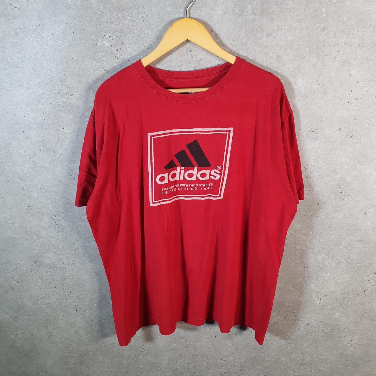 Vintage Adidas Spellout T Shirt Men’s XL Red Three Stripes Logo Athletic