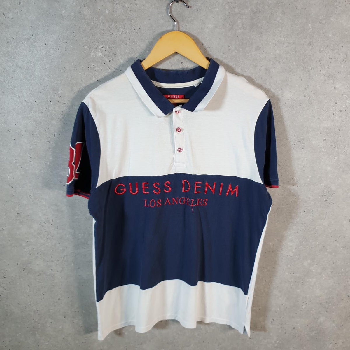 Vintage Guess Denim Los Angeles Polo Shirt Men’s Large White Graphic Spellout Logo