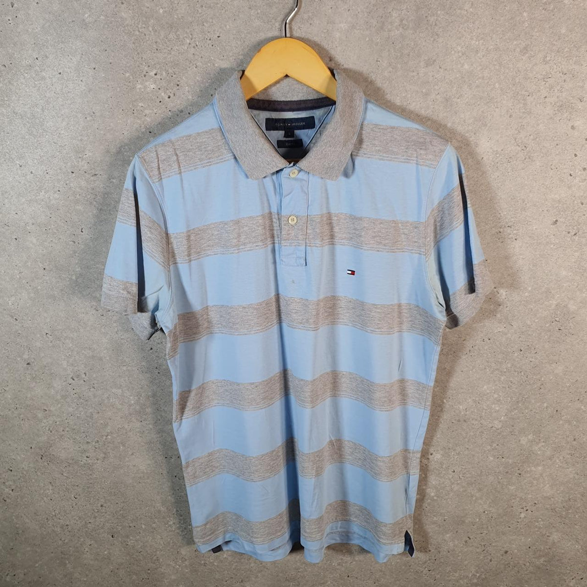 Vintage Tommy Hilfiger Polo Shirt Men’s Large Blue Striped Slim Fit Embroidered Logo C9805