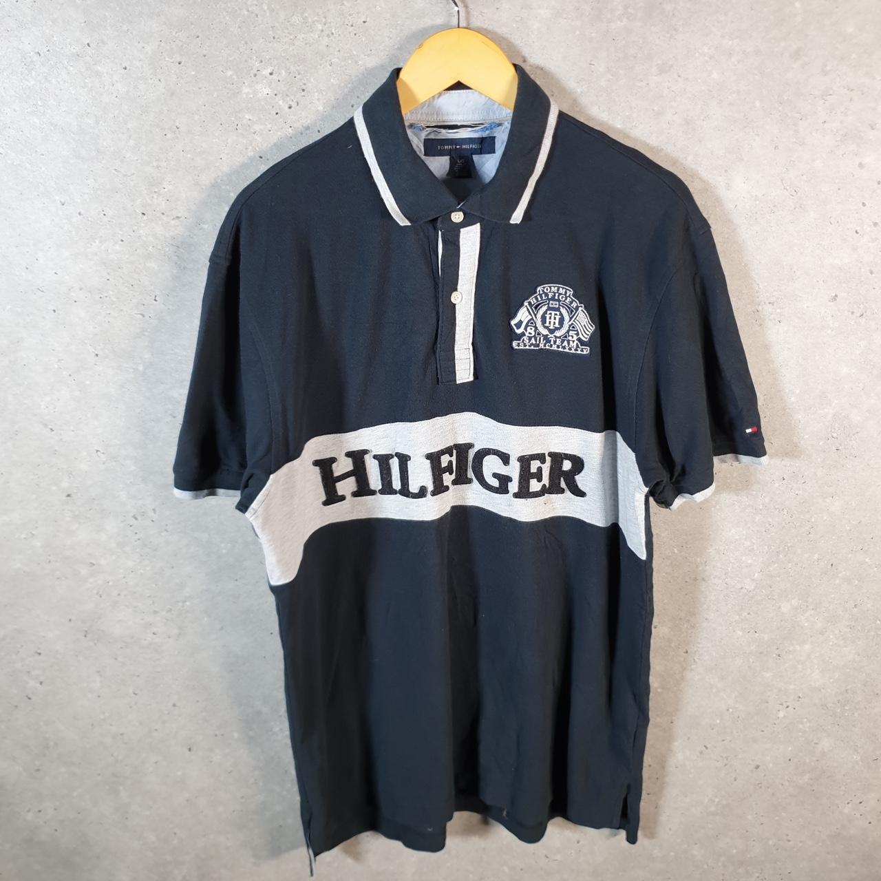 Vintage Tommy Hilfiger Spellout Crest Badges Polo Shirt Men’s Large Black Embroidered