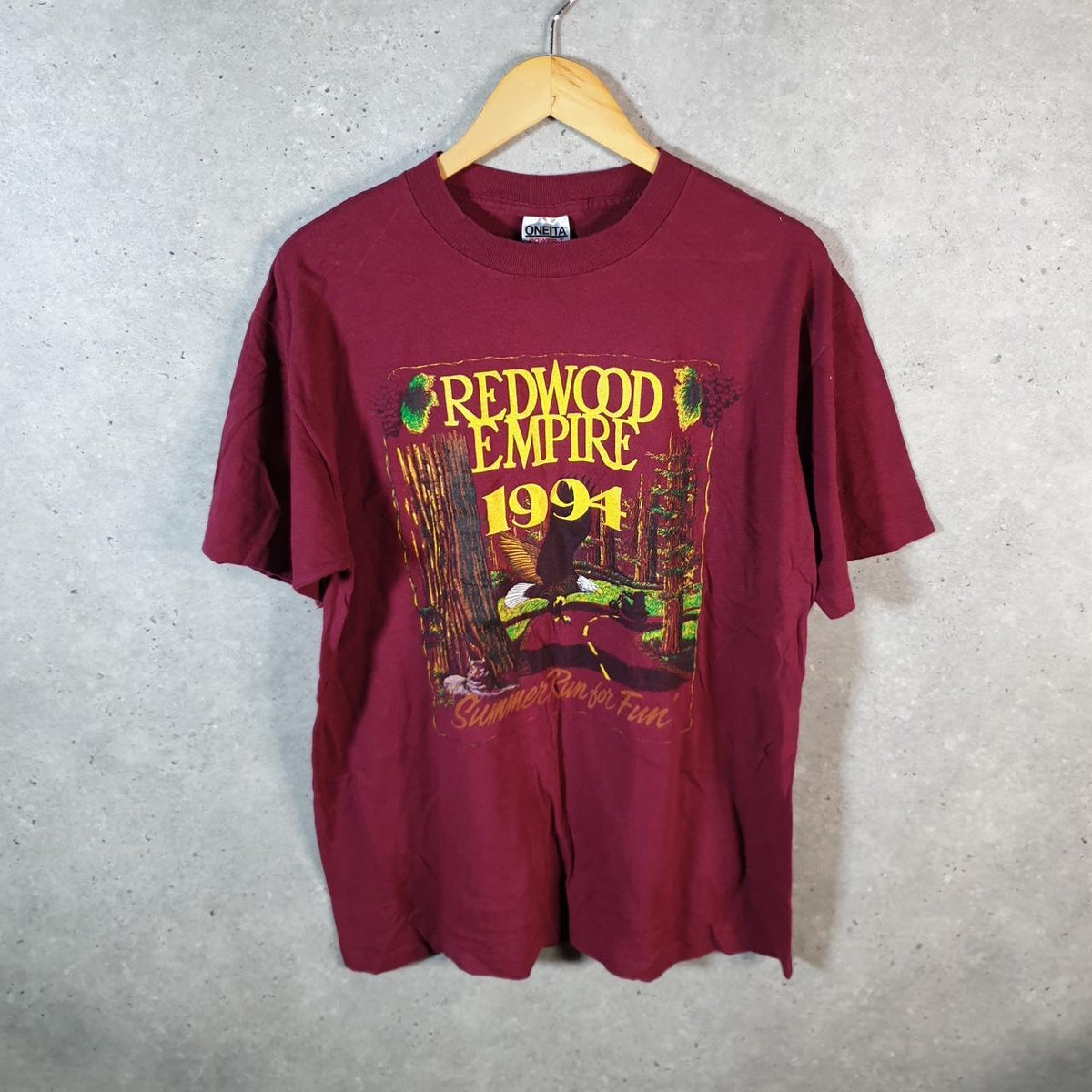 Vintage Oneita Power Redwood Empire 1994 T Single Stitch T Shirt Men’s Large Burgundy Red Big Fish Vintage