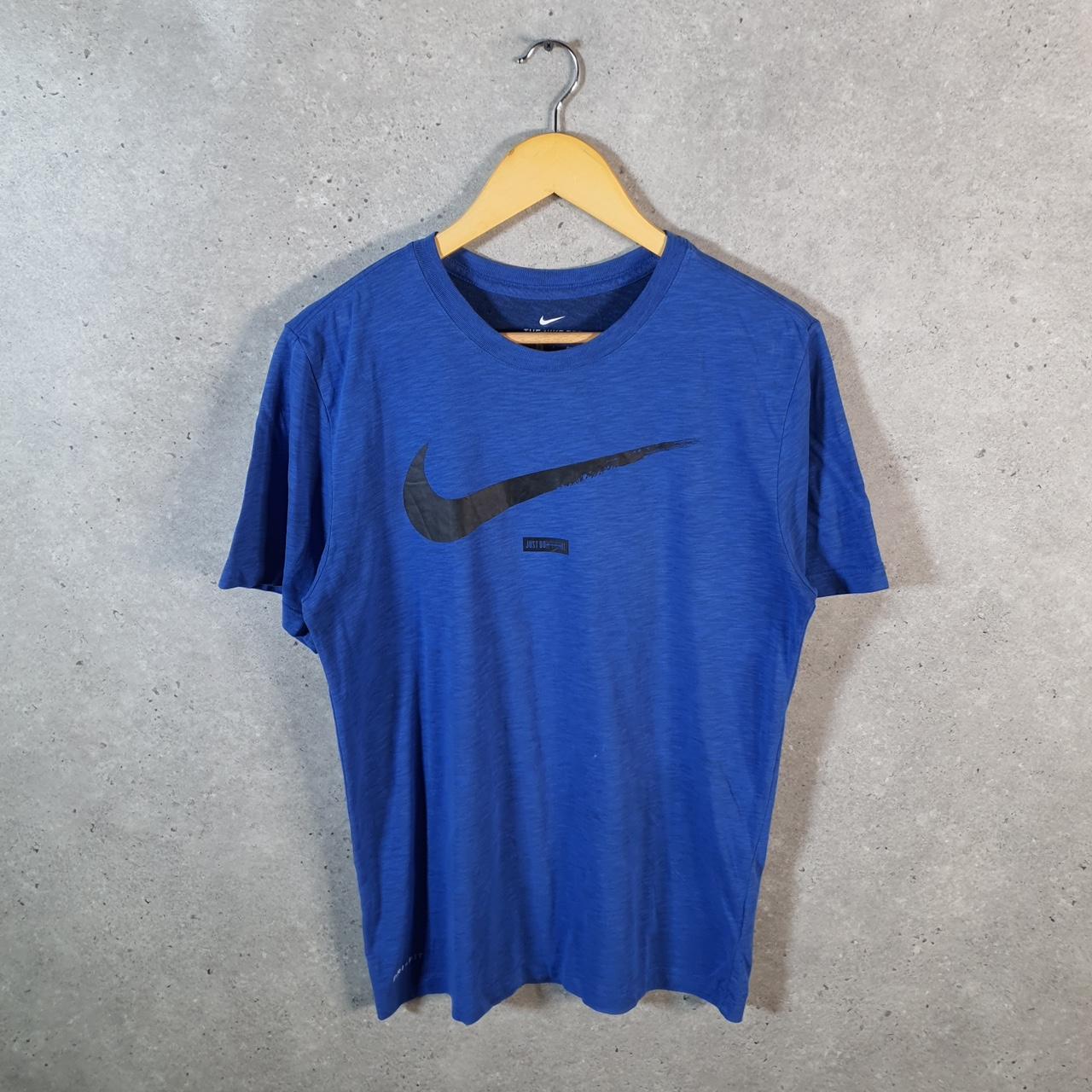 Vintage Nike Dri fit Just Do It T Shirt Mens Small Blue Printed Logo Swoosh Athletic