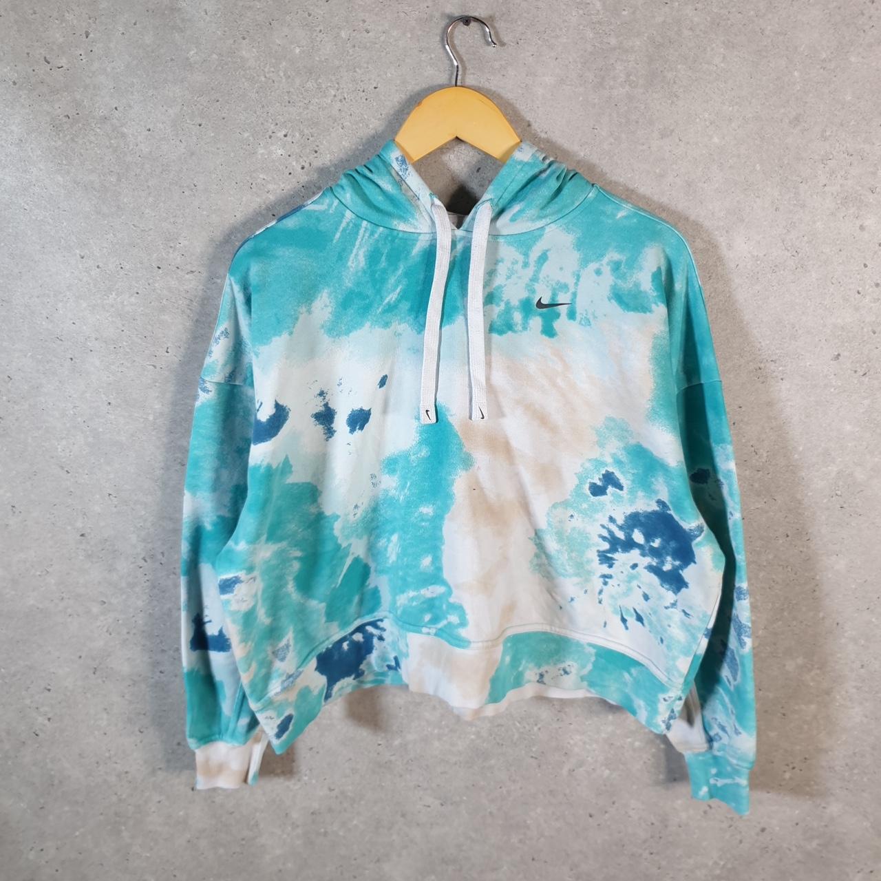 Vintage Nike Cropped Tie Dye Hoodie Womens Large Blue Embroidered Swoosh Y2K