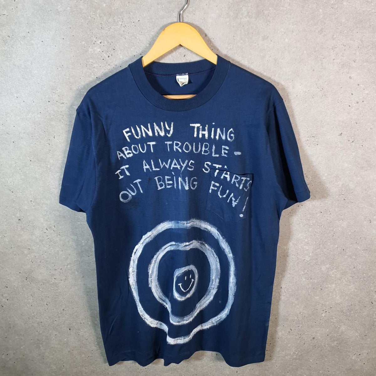 Vintage Town Craft Trouble Maker Graphic 90s USA Single Stitch T Shirt Men’s XL Blue