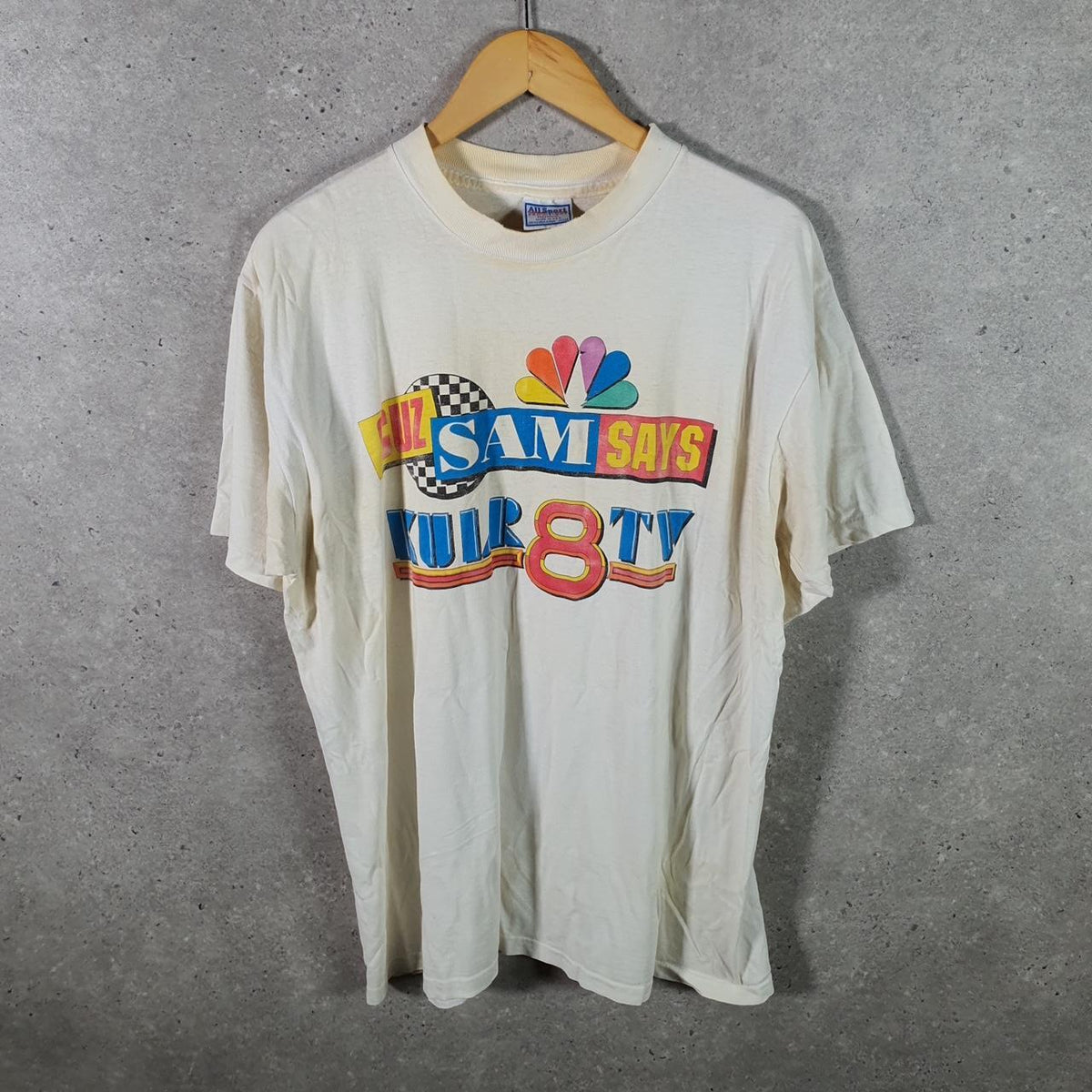 Vintage AllSport USA Sam Says 90s Single Stitch T Shirt Men’s XL White Big Fish Vintage