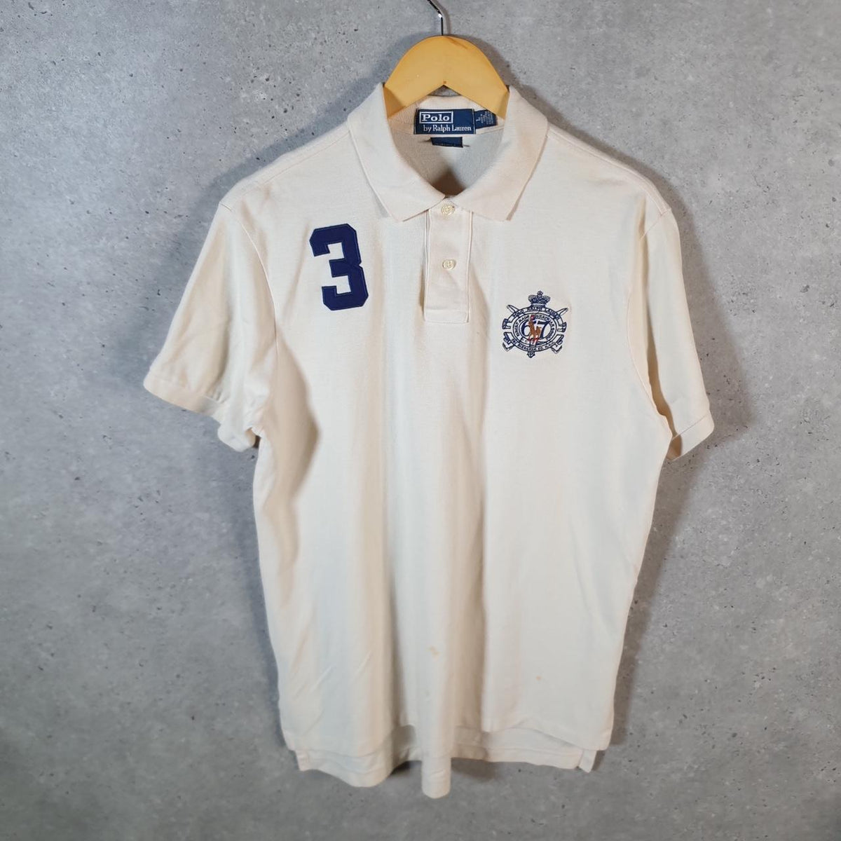 Vintage Ralph Lauren Polo Shirt Men’s Large Beige Custom Fit Crest Badges Embroidered Pony