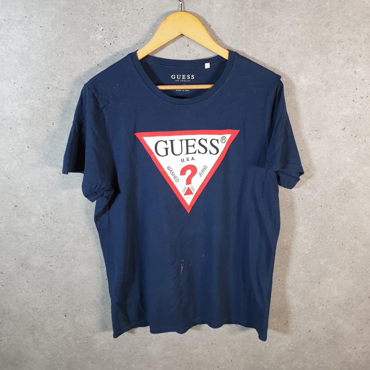 Vintage Guess Spellout Graphic T Shirt Men’s Large Navy Blue Casual Sports Logo Athletic