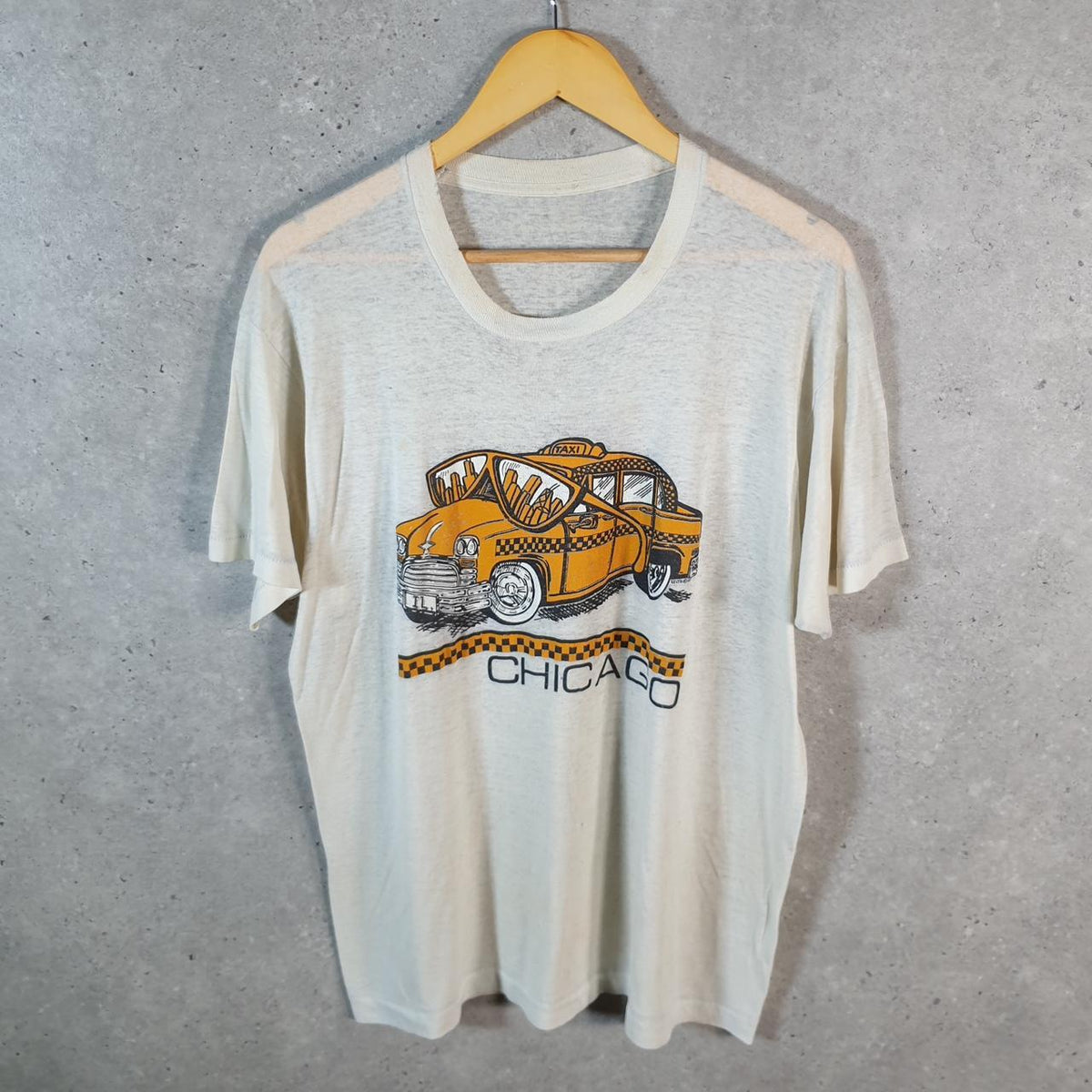 Vintage Chicago Taxi Graphic USA 90s Single Stitch T Shirt Men’s Medium White C8777