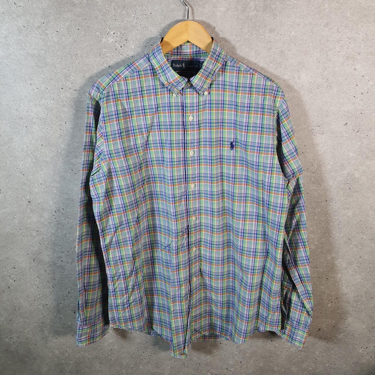 Vintage Ralph Lauren Button Down Shirt Men’s Large Blue Checkered Classic Fit Cotton Pony Big Fish Vintage