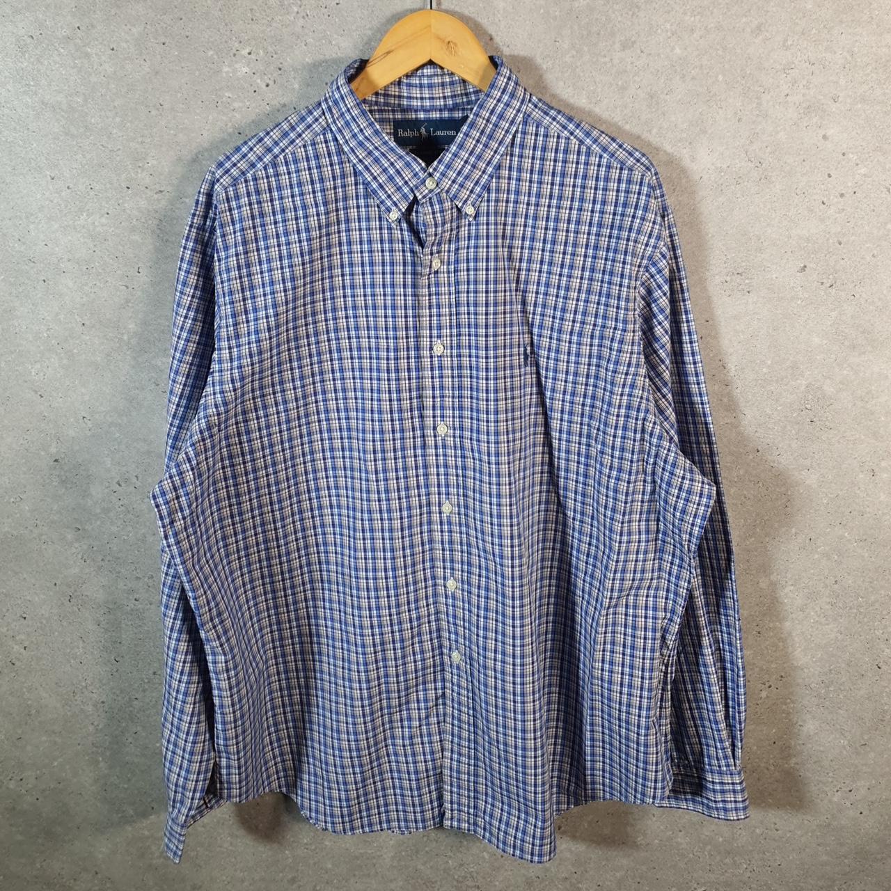Vintage Ralph Lauren Button Down Shirt Men’s 2XL Blue Checkered Classic Cotton Pony Casual Big Fish Vintage
