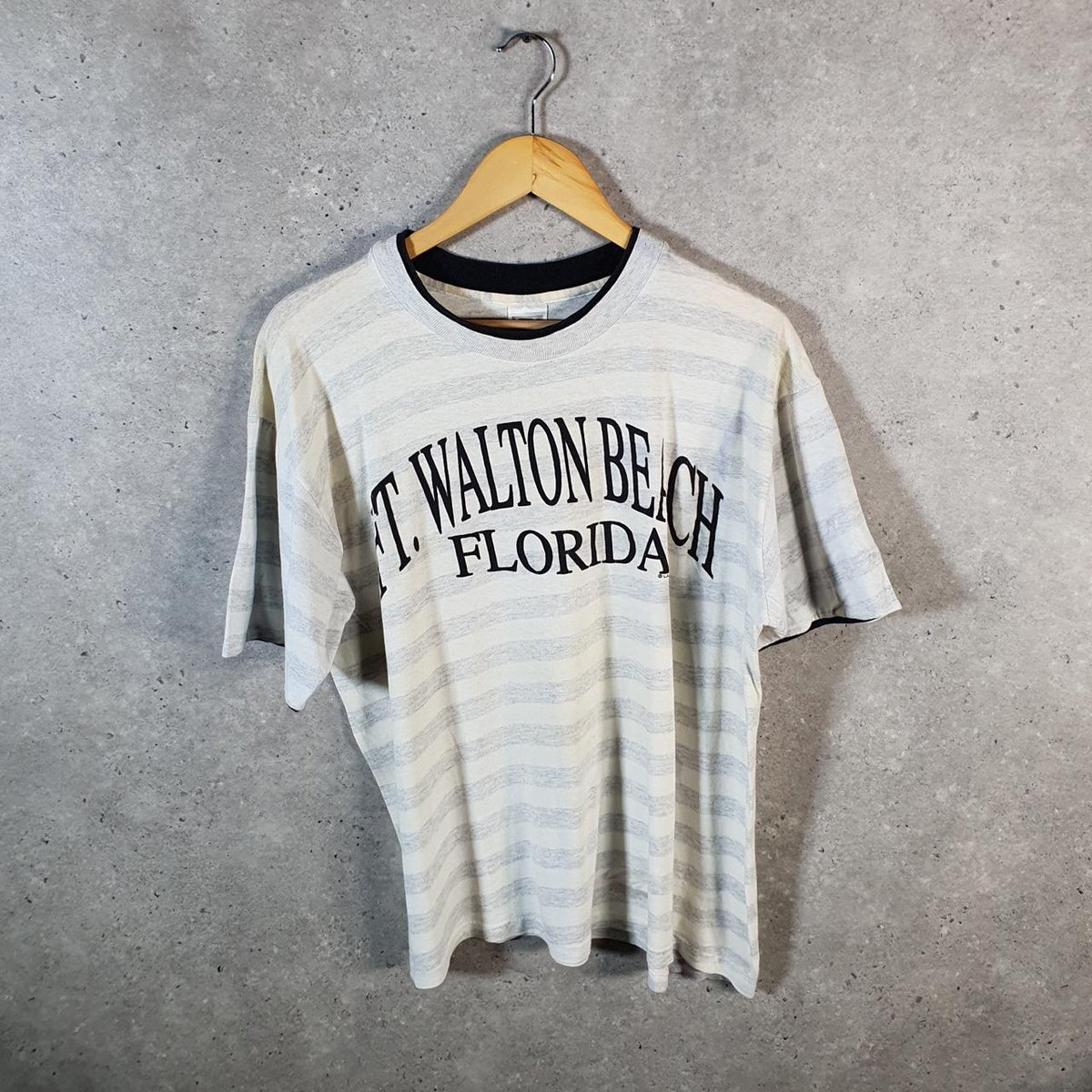 Vintage L.A Walton Beach Florida 90s USA Single Stitch T Shirt Men’s Large Striped Grey