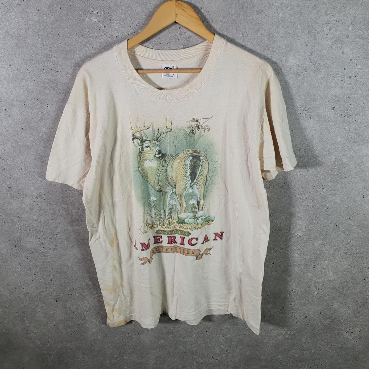 Vintage Anvil USA North American Outfitters 90s USA Single Stitch T Shirt Men’s Large Beige Big Fish Vintage