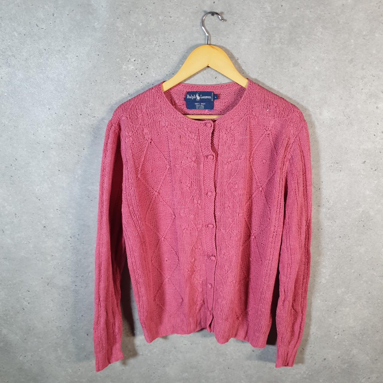 Vintage Ralph Lauren Polo Cable Knit Cardigan Womens Large Pink Silk Buttons