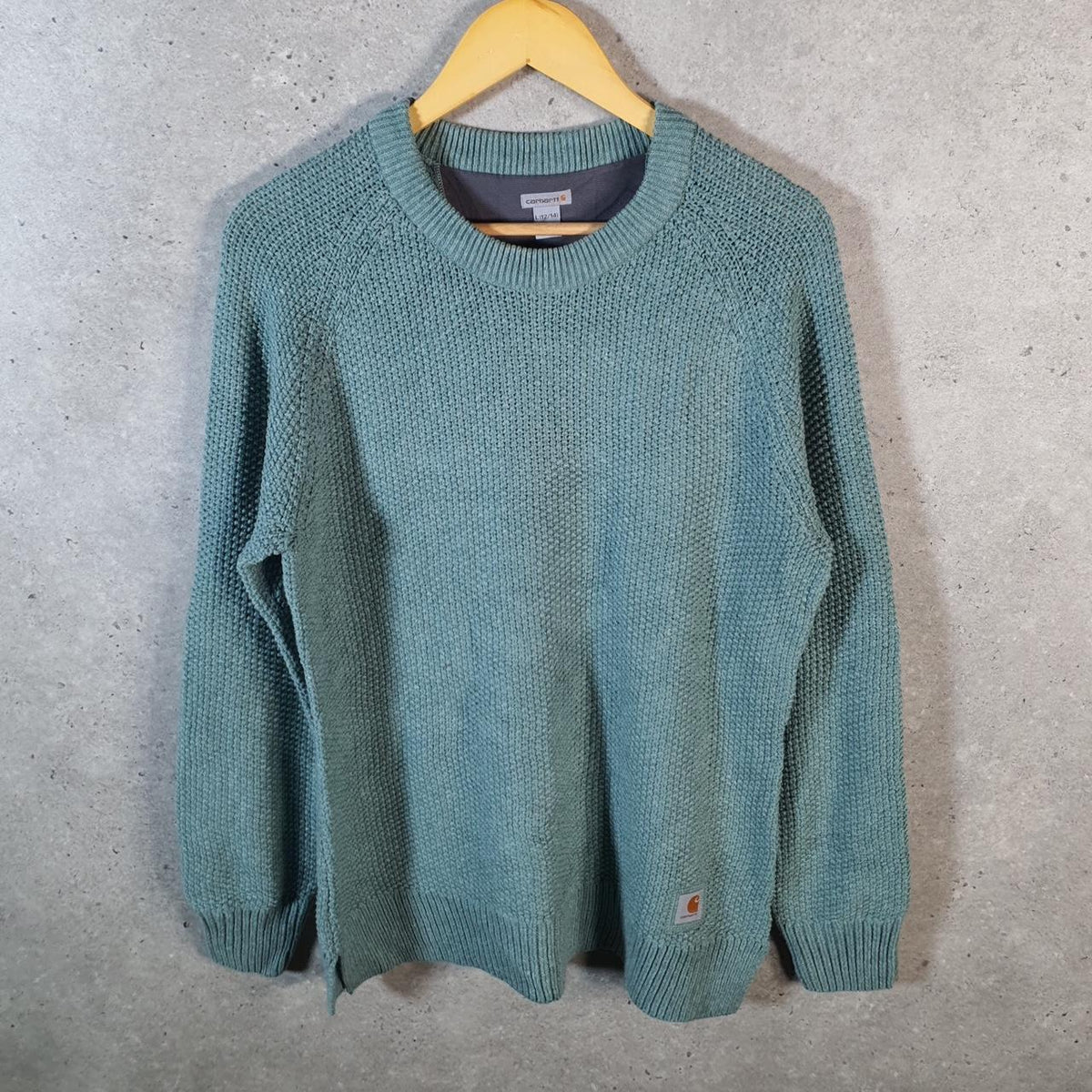 Vintage Carhartt Cable Knit Sweater Womens Large Blue Pullover USA Loose Fit