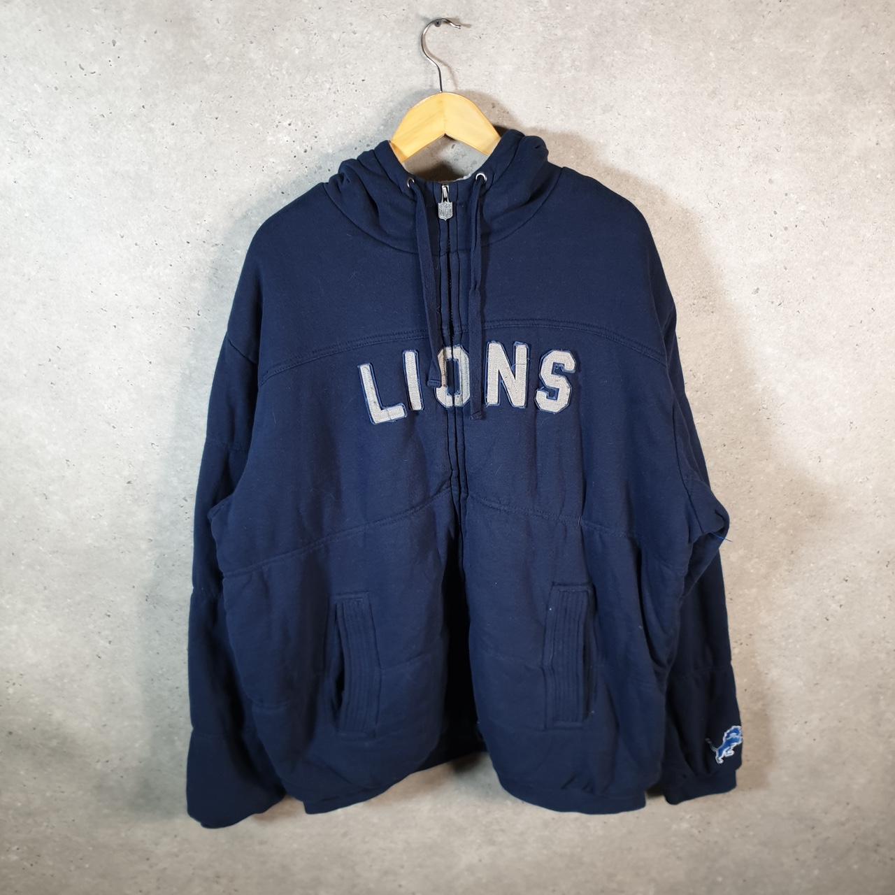 Vintage NFL Detroit Lions Hoodie Men’s Large Blue Full Zip Baggy USA Spellout Big Fish Vintage