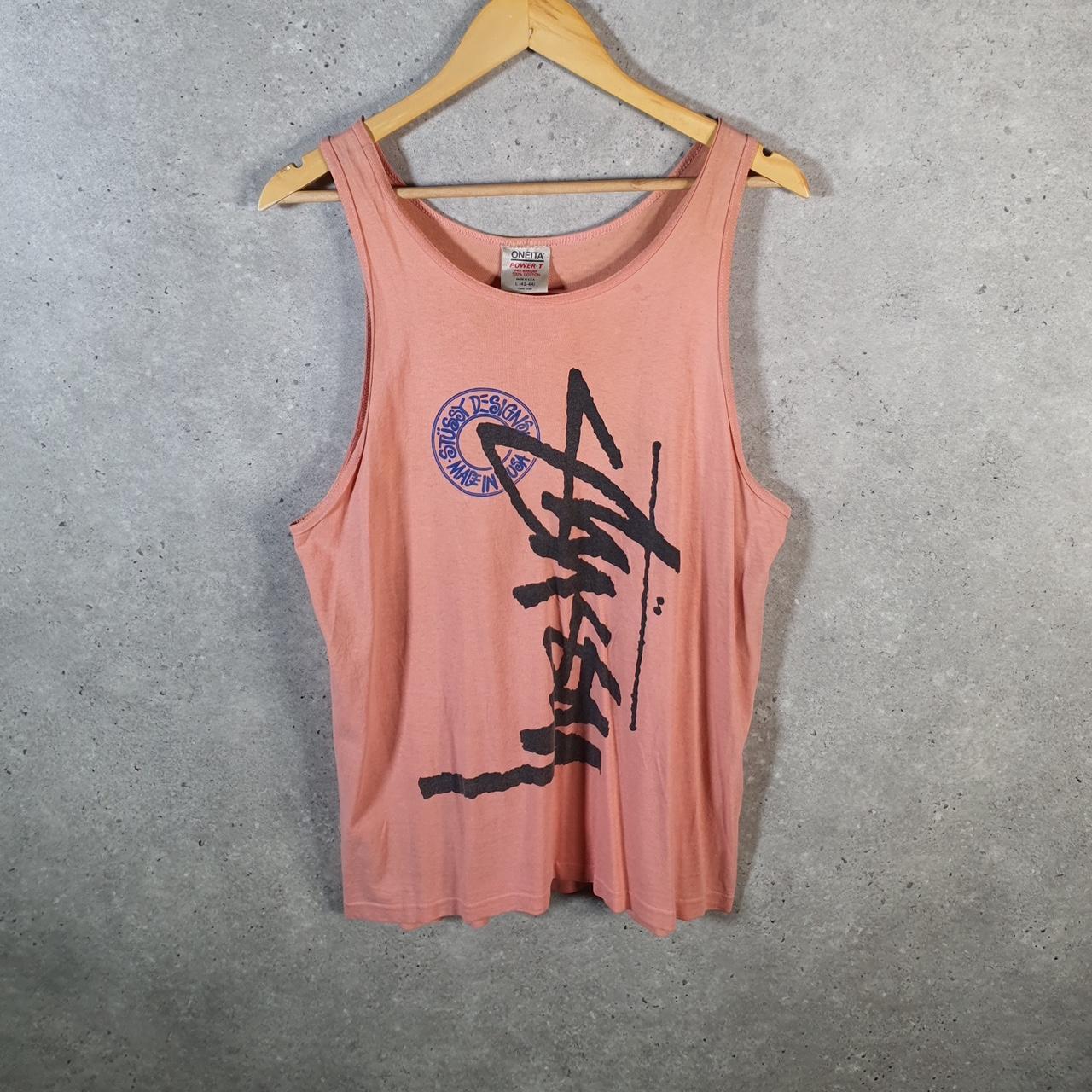 Vintage Stussy Oneita 90s Printed T Shirt Men’s Large Pink Graphic Sleeveless Vest Big Fish Vintage