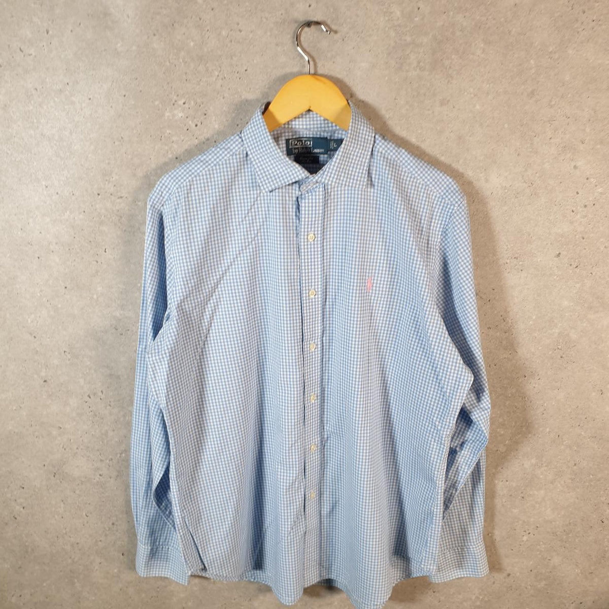 Vintage Ralph Lauren Button Down Shirt Men’s Large Blue Classic Fit Checkered Pony