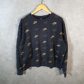 Vintage Nike Club All Over Print AOP Sweatshirt Men’s Large Black Swoosh Y2K Pullover Logo