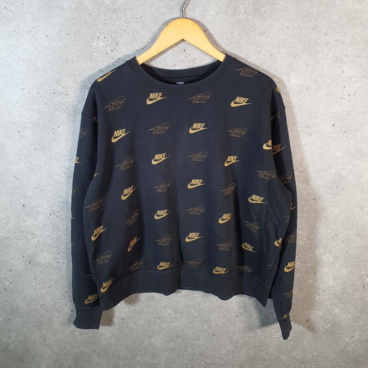 Vintage Nike Club All Over Print AOP Sweatshirt Men’s Large Black Swoosh Y2K Pullover Logo