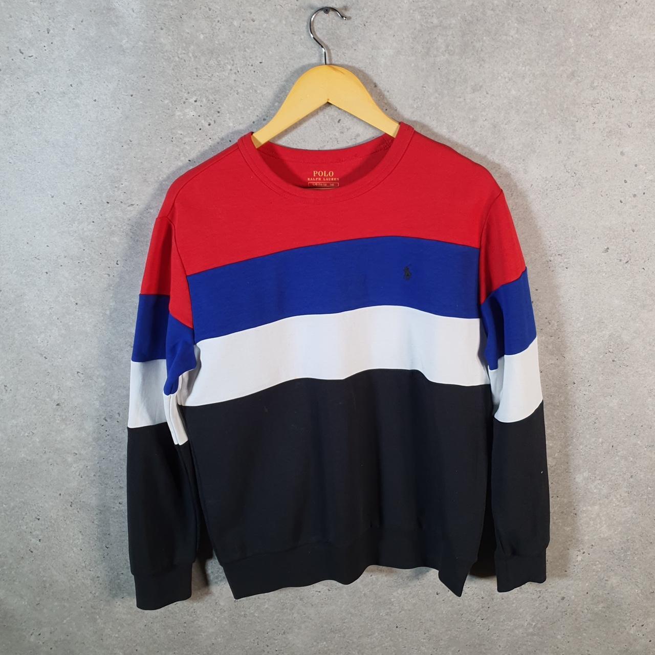 Vintage Ralph Lauren Polo Sweatshirt Womens Large Red Blue Striped Boxy Baggy Pullover Pony