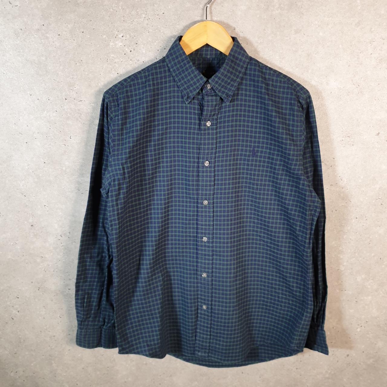 Vintage Ralph Lauren Button Down Shirt Men’s Small Blue Checkered Fit Pony Cotton Big Fish Vintage