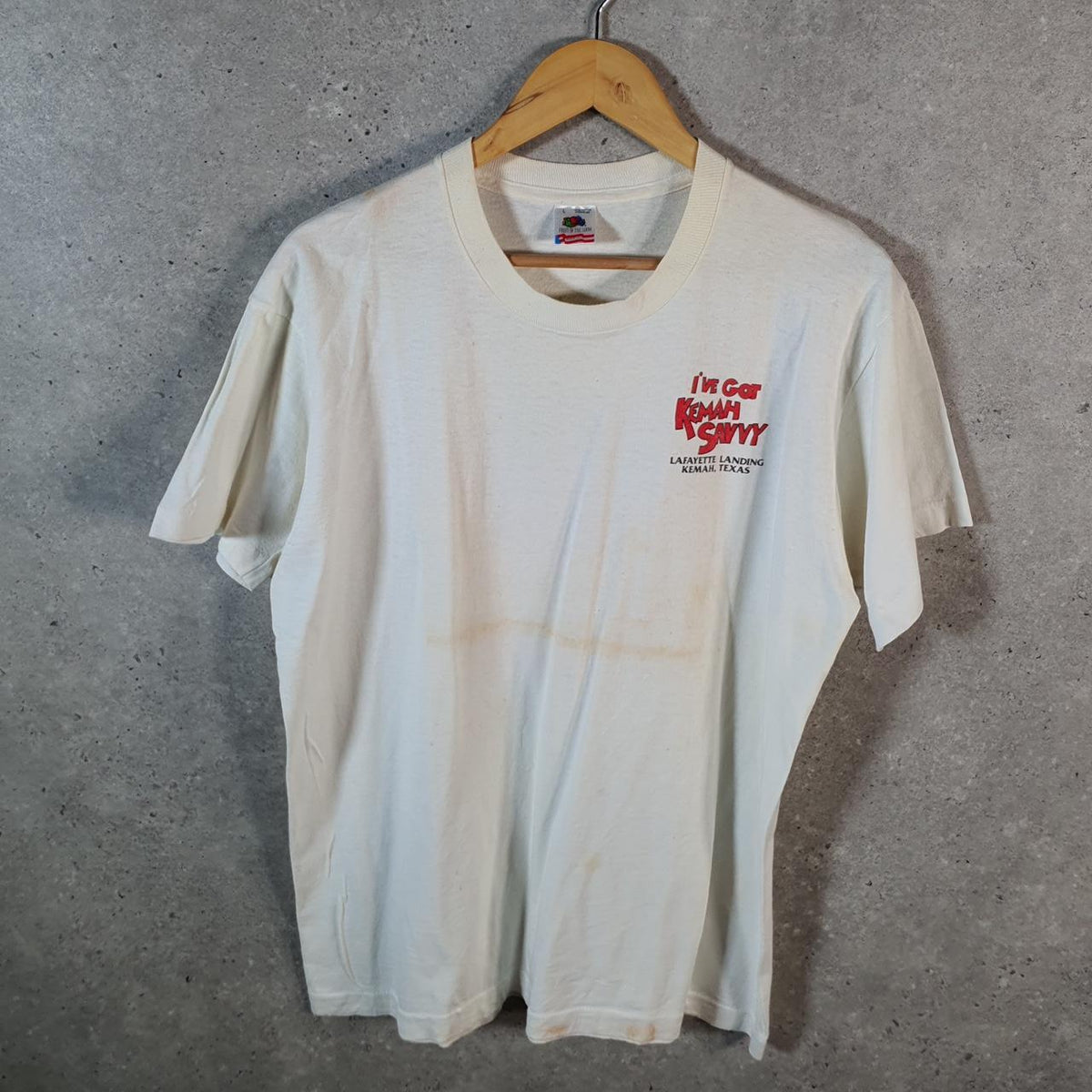 Vintage Fruit of the Loom Kemah Savvy Texas 90s USA Single Stitch T Shirt Men’s Large White Big Fish Vintage
