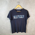 Vintage Tommy Hilfiger Spellout T Shirt Men’s Medium Navy Blue Organic Cotton Logo