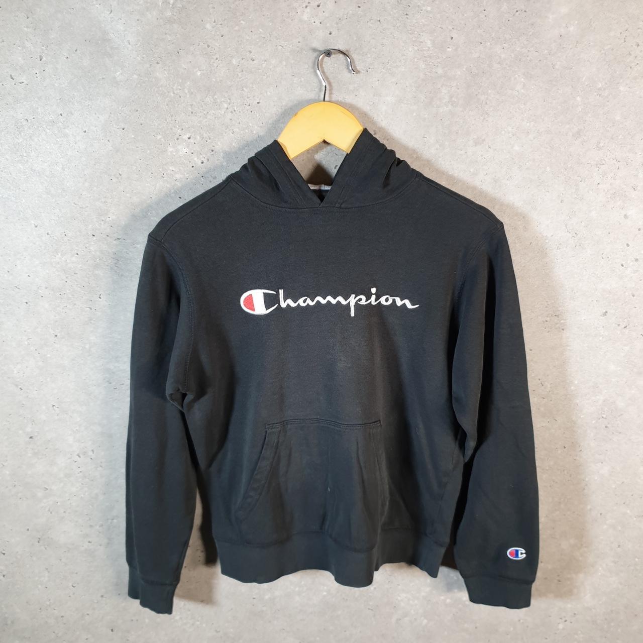 Vintage Champion Hoodie Womens Large Black Spellout Logo Pullover