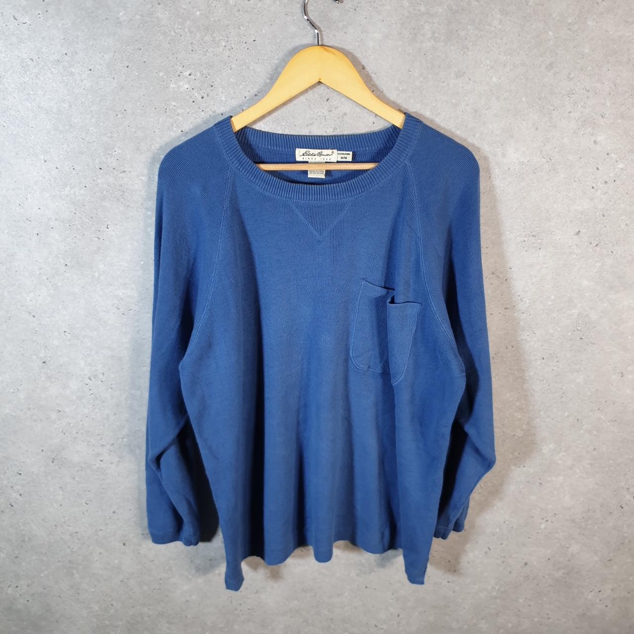 Vintage Eddie Bauer Knit Sweater Womens Medium Blue Y2K Pullover Pocket