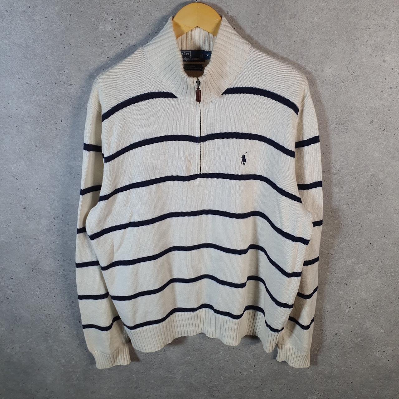 Vintage Ralph Lauren Polo 1/4 Zip Sweatshirt Men’s XL White Striped Cotton Pullover Pony