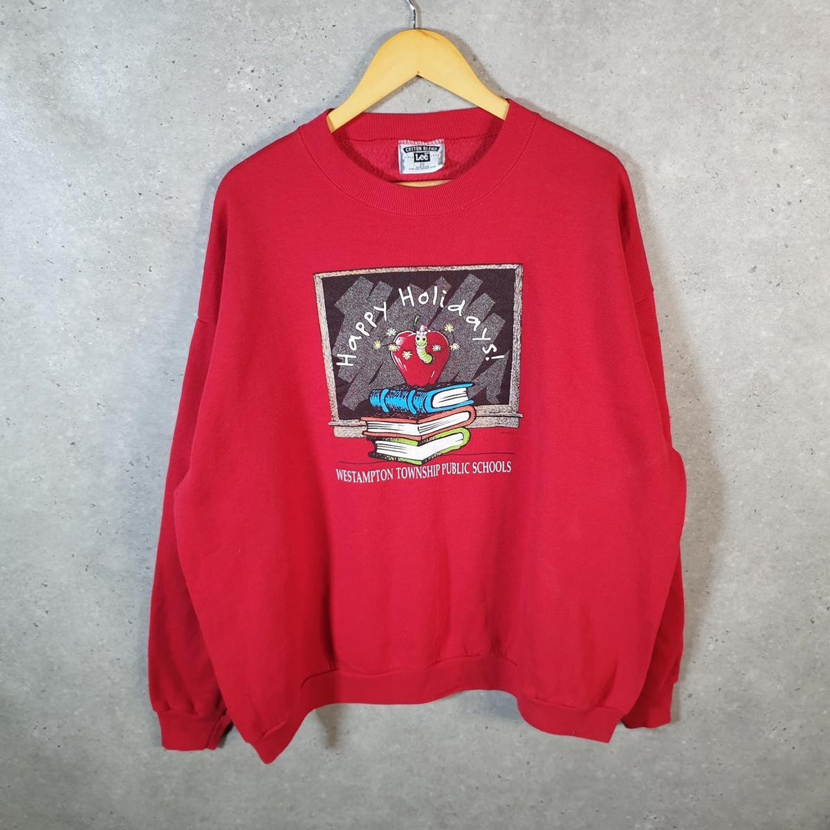 Vintage Lee Cotton Blend Sweatshirt Men’s XL Red USA Happy Holiday Westhampton Township