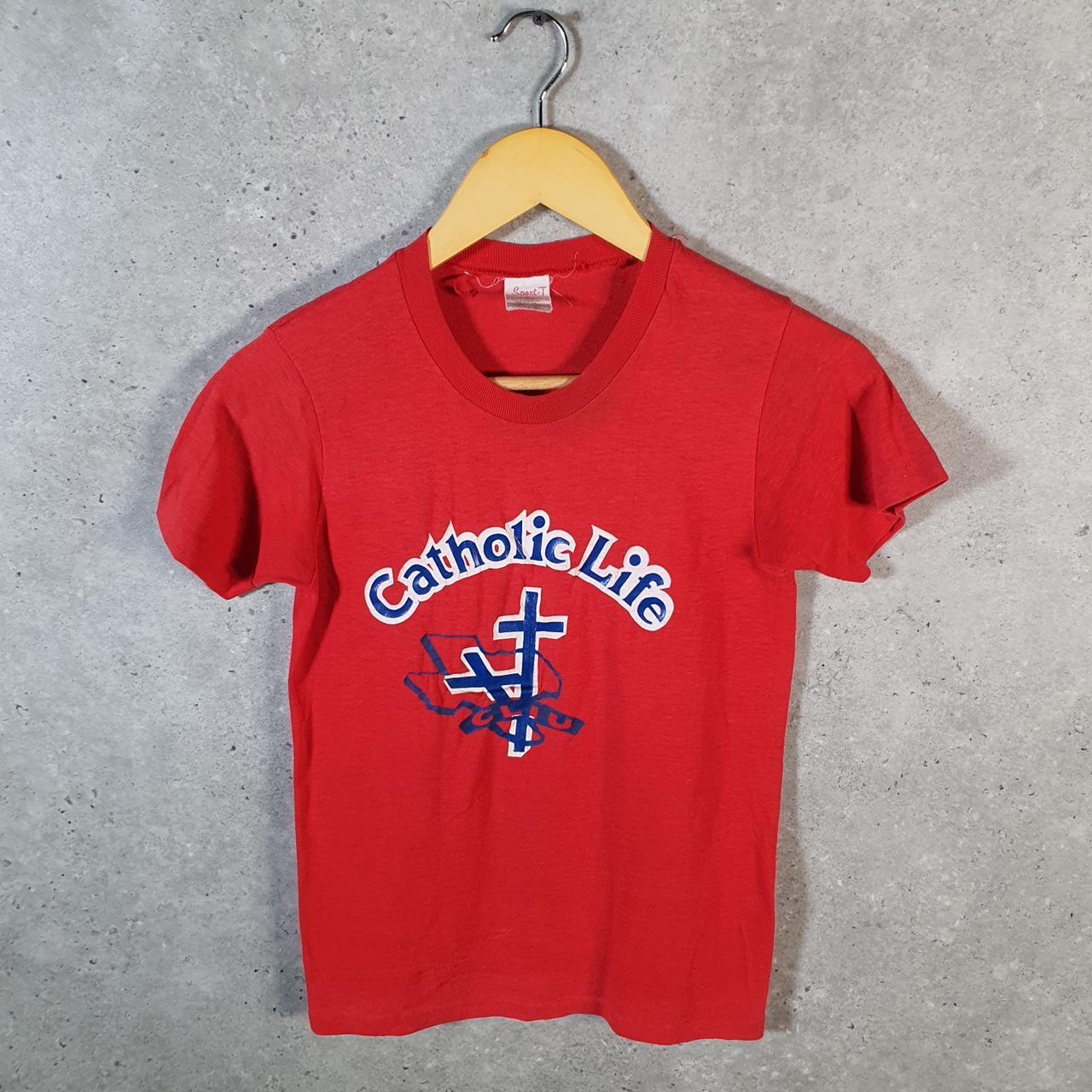 Vintage Stedman Catholic Life Church 90s USA Single Stitch T Shirt Men’s XS Red