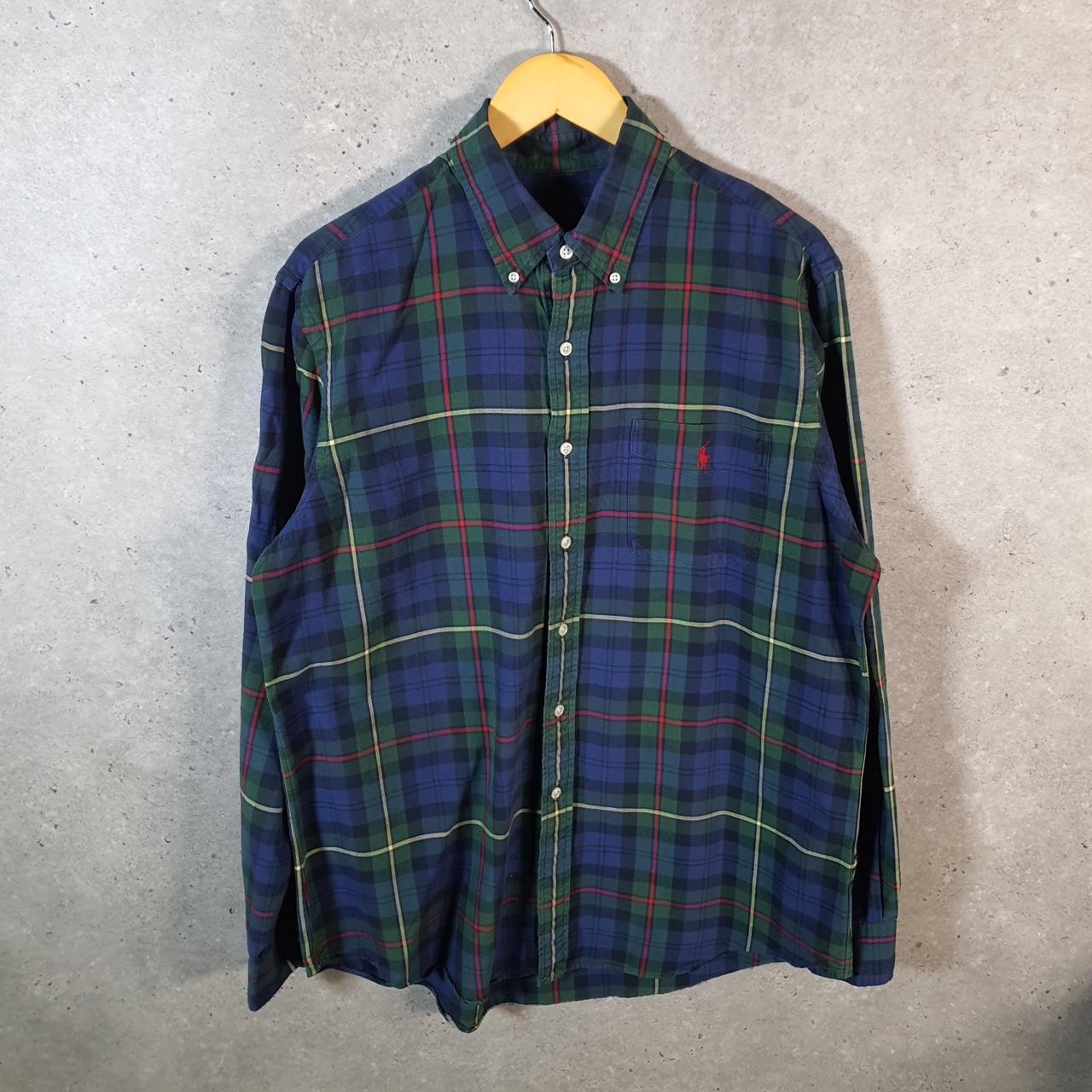 Vintage Ralph Lauren Button Down Shirt Mens Large Blue Checkered Cotton Pony