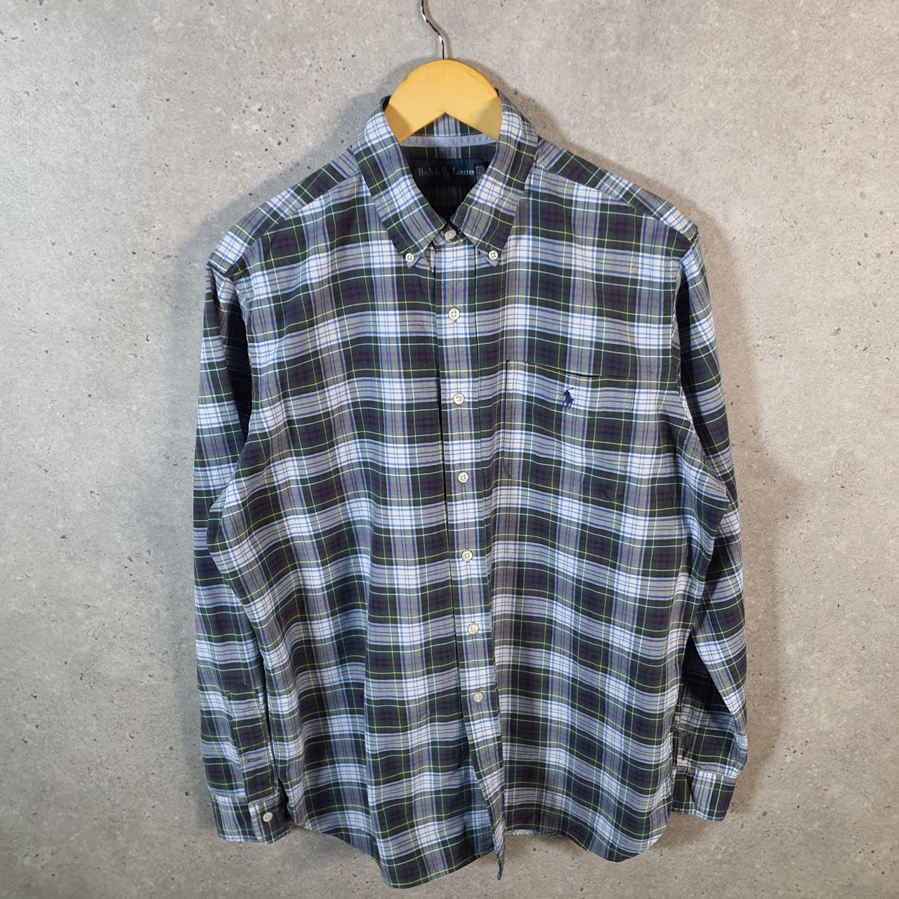 Vintage Ralph Lauren Button Down Shirt Men’s Large Blue Checkered Classic Fit Cotton Pony