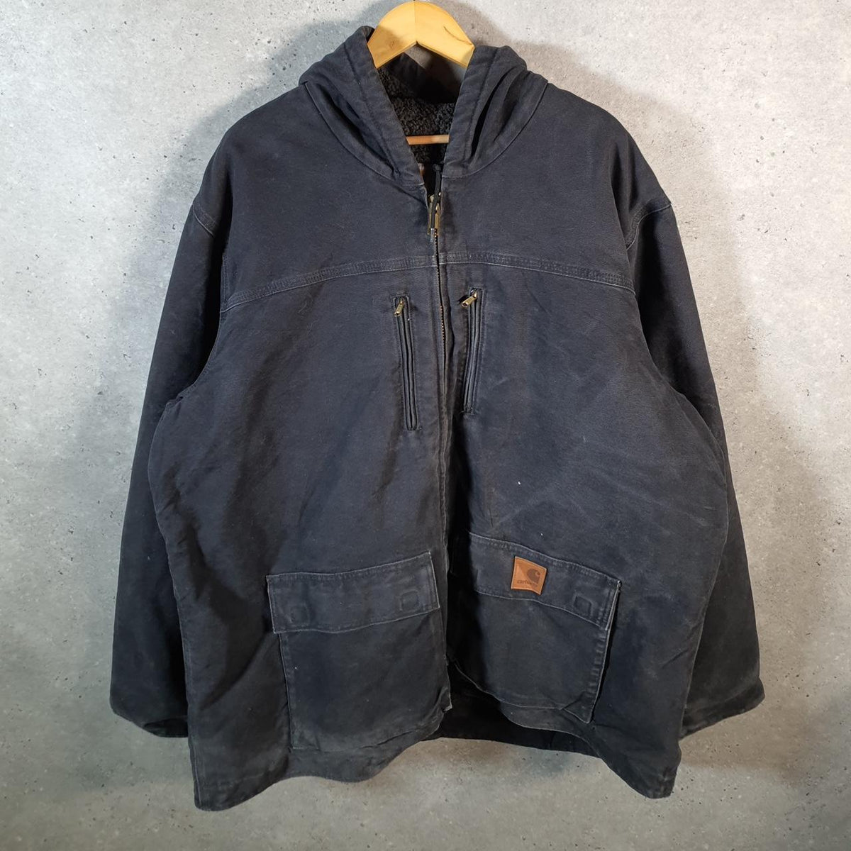 Vintage Carhartt Sandstone Sherpa Lined Work Farm Hooded Jacket Men’s 2XL Black C95 BLK USA Big Fish Vintage