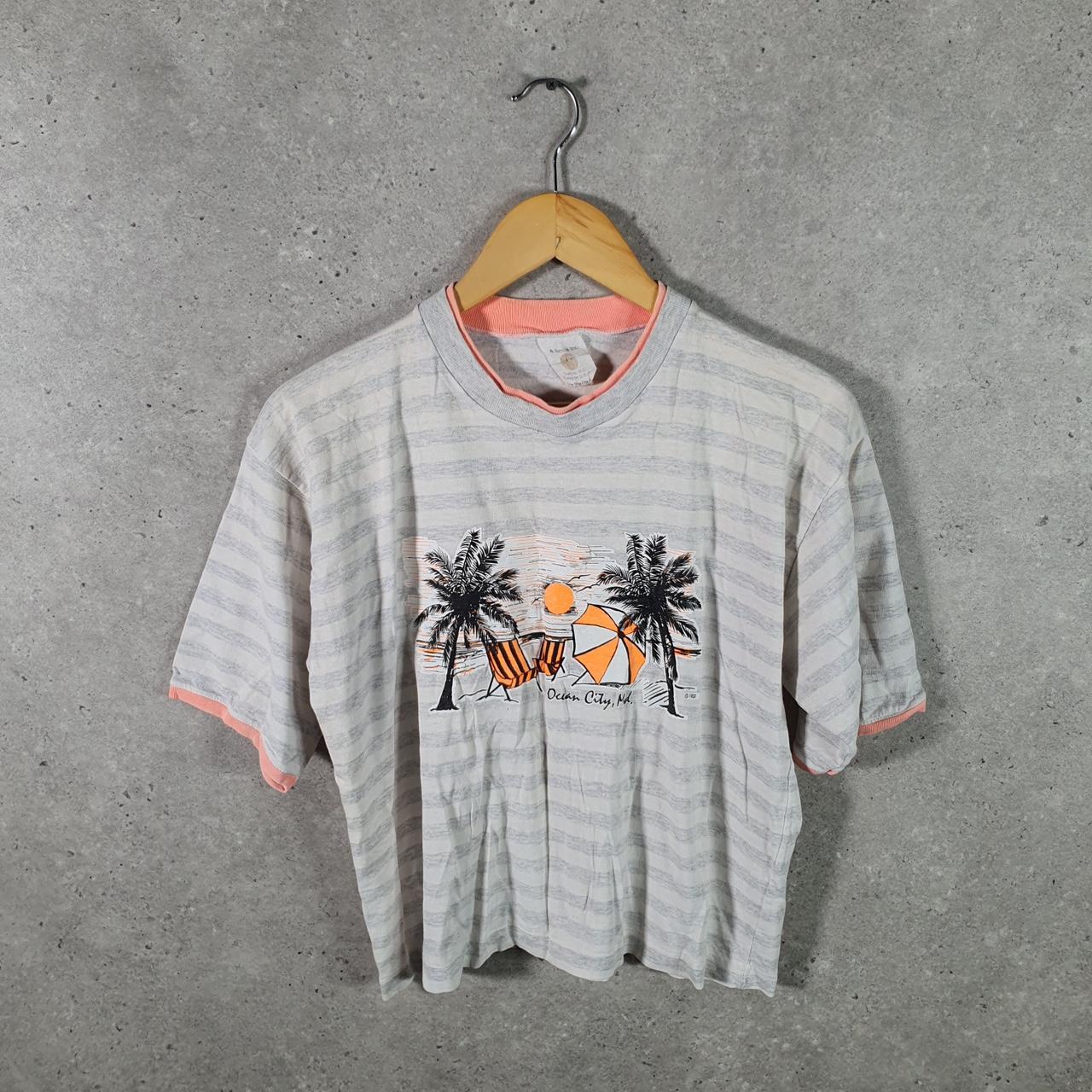 Vintage Ocean City Maryland Beach Palm Trees 90s USA Single Stitch T Shirt Womens Small Grey