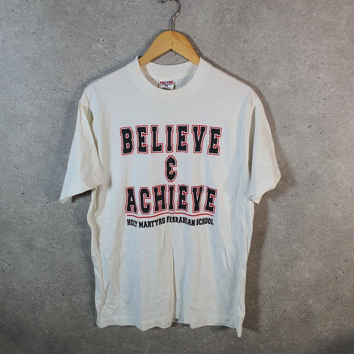 Vintage Sof Tee TeeJays Believe & Achieve Ferrahian School Single Stitch T Shirt Men’s Large White Big Fish Vintage