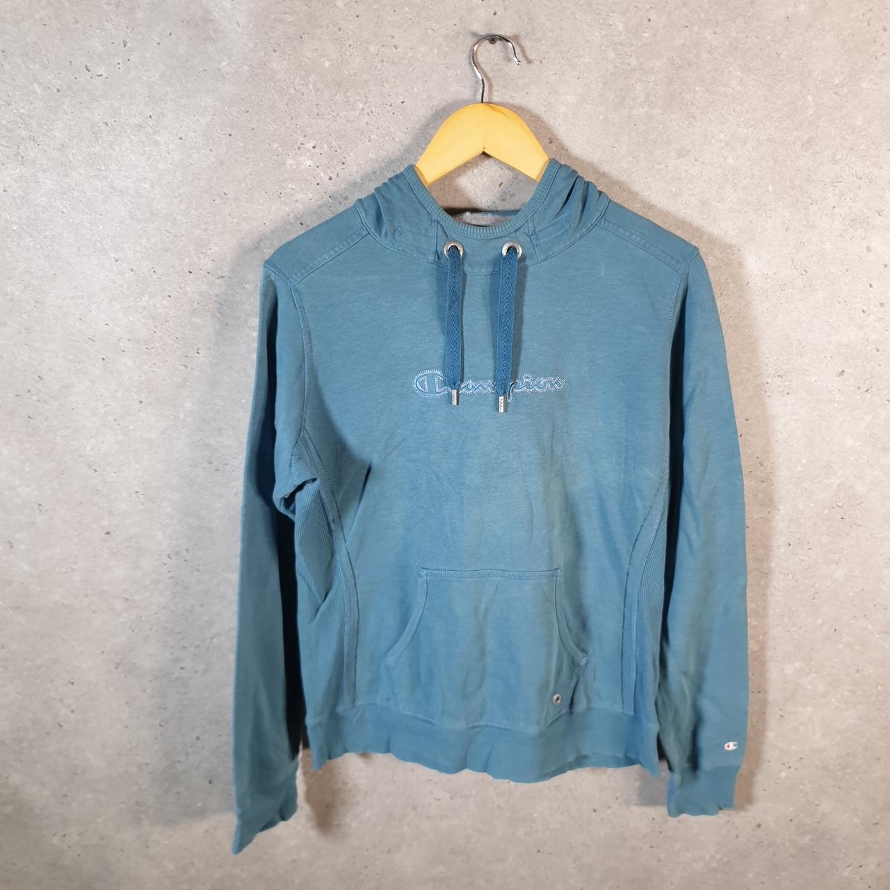 Vintage Champion Hoodie Womens Medium Blue Spellout Logo Pullover