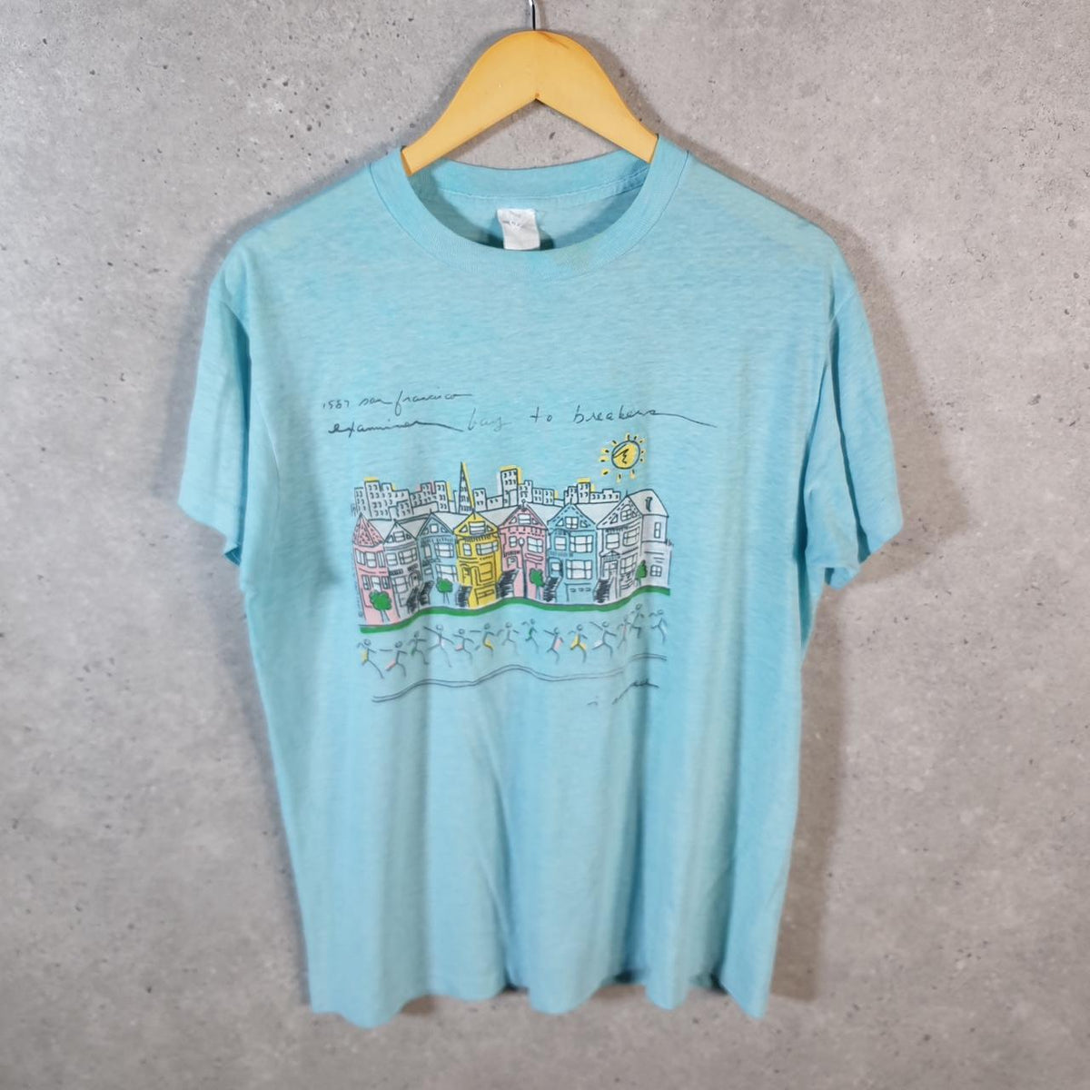 Vintage Village Houses Graphic USA 90s Single Stitch T Shirt Men’s Medium Blue C8945