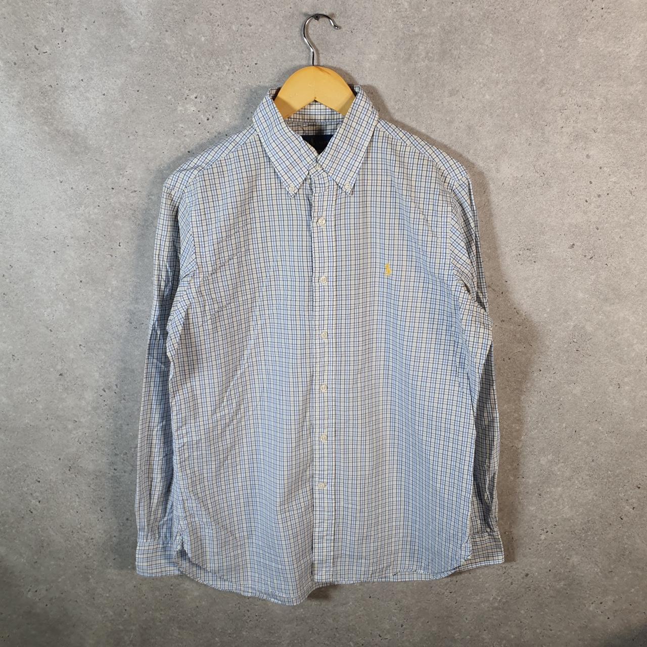 Vintage Ralph Lauren Button Down Shirt Mens Medium Blue Checkered Cotton Pony