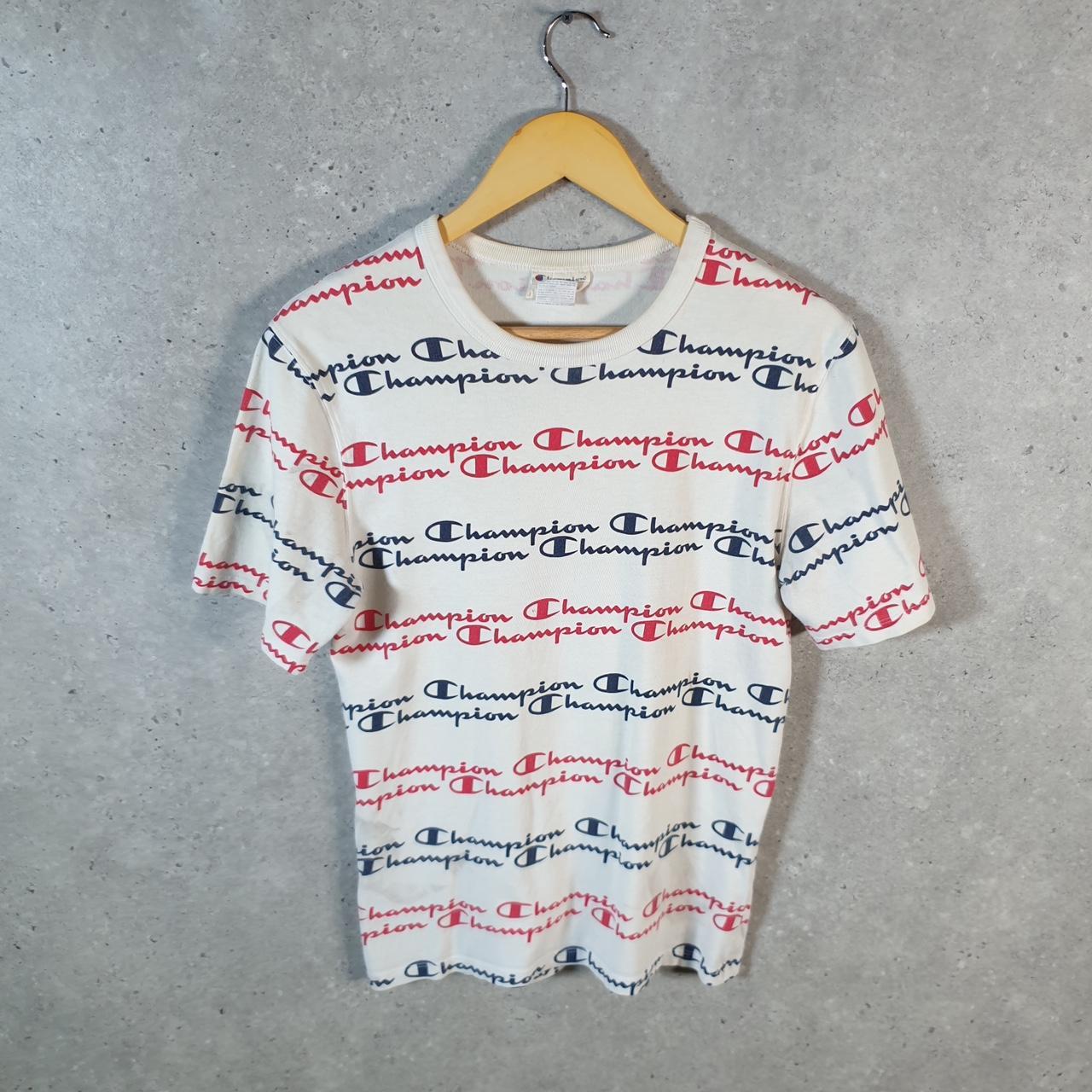 Vintage Champion AOP Spellout Logo T Shirt Mens Small White USA Athletic