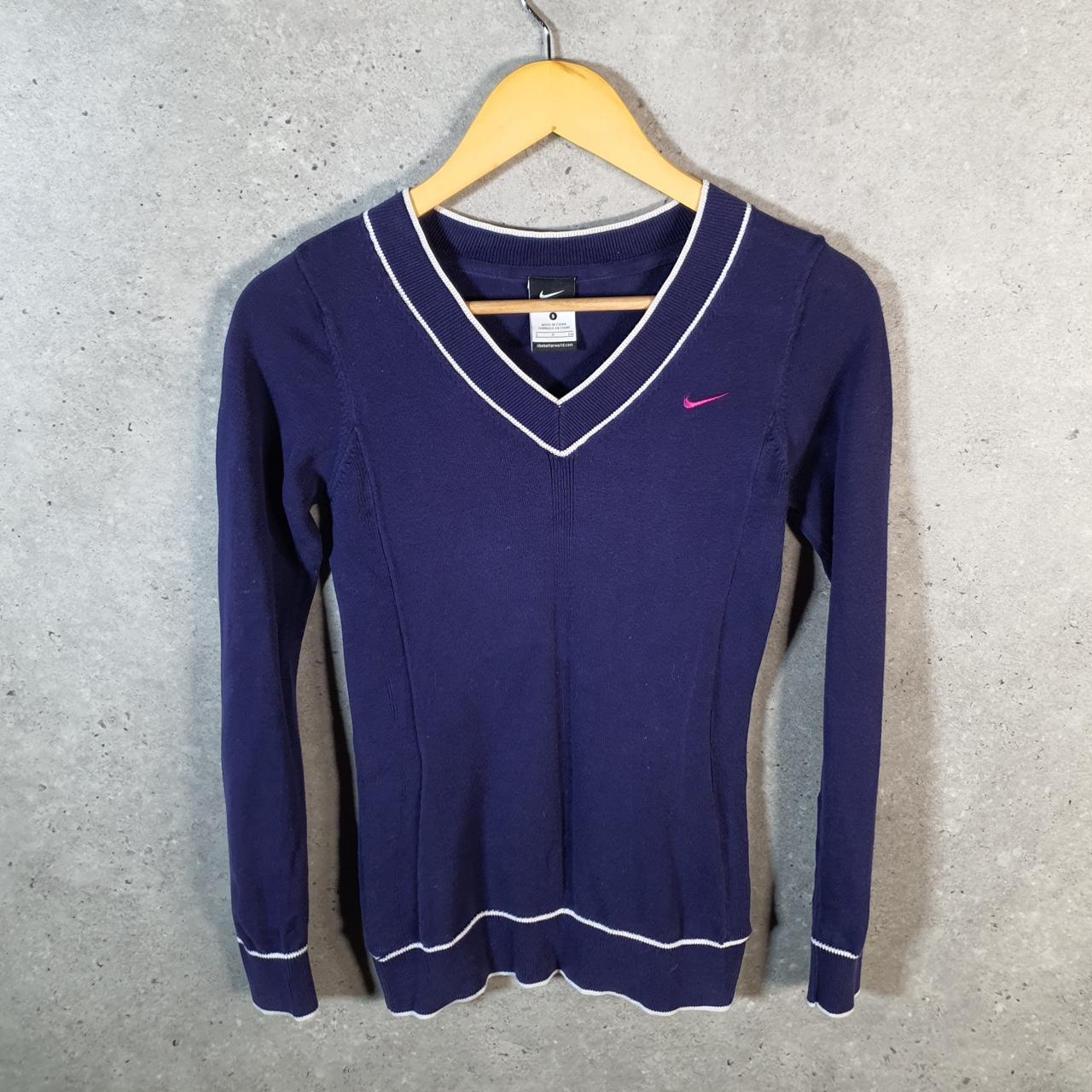Vintage Nike Knit Club Sweatshirt Womens Small Navy Blue Swoosh Y2K Pullover Logo
